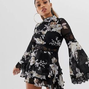 floral high neck skater dress w/bell sleeves